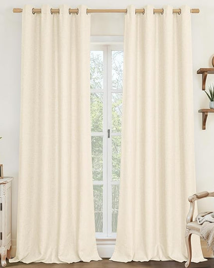LAMIT 95 Inch Light Beige Linen Textured Curtains for Bedroom, Grommet Thermal Insulated Thick Curtains Light Filtering Panels for Living Room/Outdoor/French Door, Set of 2 Panels, W52 x L95