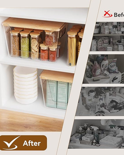 Criusia 2 Set Pantry Organizers and Storage with Bamboo Lids, Stackable Clear Bins for Onion, Potato, Fruit, Vegetables, Trash Bag Dispenser, Kitchen and Under Sink Organizer