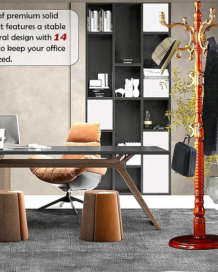 Coat Racks Free Standing with 14 Hooks, Natural Wood Coat Stands for Entryway, Adjustable Height 73 in Tree Coat Rack Stand for Hallway Home Office Bedroom (Begonia)