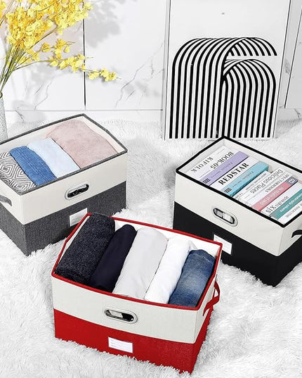 Large Linen Fabric Foldable Storage Bins with Removable Lid and Handles, Washable Storage Box Organizer Containers Baskets Cube with Cover for Bedroom,Office(Black&Cream, Large)