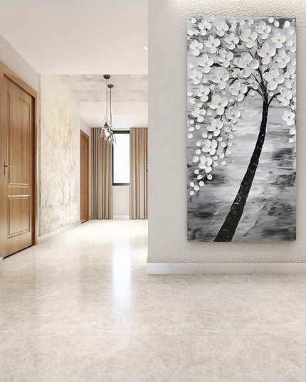 Yihui Arts Hand-Painted Textured White Blossom Tree Art on Canvas, Grey & Black Toned Floral Painting for Modern Home Decor, Unique Thick Textured Petals Wall Art