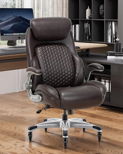 COLAMY Office Ergonomic Desk High Back Executive Chair with Pop-Out Lumbar Support, Upgraded Casters, Adjustable Headrest, Flip-Up Arms, Leather Home with Thick Cushion for Comfort - Brown