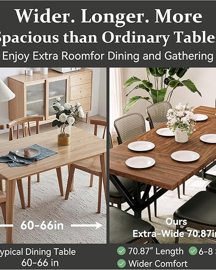 70.8 Inch Rectangular Dining Table for 6-8 People, Farmhouse Kitchen Table with Metal Base & Solid Wood Top, Easy Assembly, Water-Resistant, for Dining Room & Kitchen, Walnut & Black