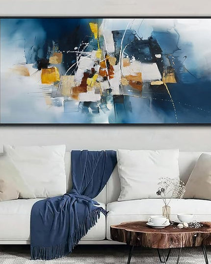 Abstract Canvas Wall Art Navy Blue Wall Art for Living Room Framed Modern Artwork for Walls, Above Bed Wall Decor Navy and Gold for Bedroom and Living Room Office Pictures Wall Decor 29×58IN