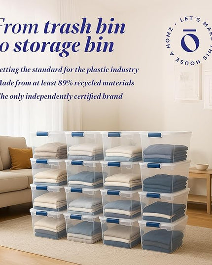 HOMZ Heavy Duty Modular Clear Plastic Stackable Storage Tote Containers with Latching and Locking Lids, 31 Quart Capacity, 16 Pack