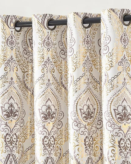 jinchan Blackout Curtains 63 Inches Long Golden Foil Damask Medallion Window Curtains for Bedroom Grommet Thermal Insulated Drapes for Living Room Vintage Luxury Window Treatments Set 2 Panels