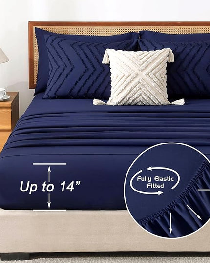 Litanika King Size Comforter Set with Sheets Navy Blue - 7 Pieces Bed in a Bag King Chevron Tufted Complete Bedding Sets with Comforter, Sheets, Pillowcases & Shams