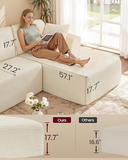 VASAGLE 108.3 Inches Boneless Couch with Chaise, Modular Sectional Sofa, Modern Cloud Couch with Deep Seat, L-Shape Corduroy Sofa for Living Room, Right-Facing Chaise, Bedroom, Cream White ULCS182WD01
