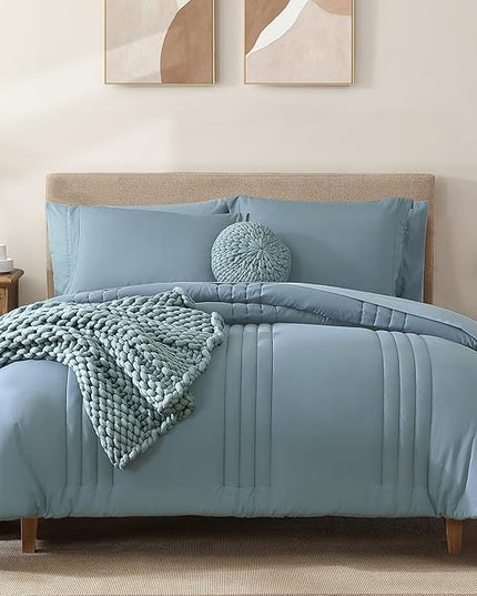 Monbix Full Comforter Set - 7 Pieces Dusty Blue Bed in a Bag Full Size Bedding Sets with Comforters, All Seasons Comforter with Sheets, Pillowcases & Shams