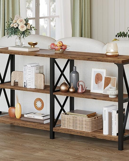 LVB Wood Console Table, Rustic 3 Tier Sofa Table Behind Couch, Industrial Metal Entryway Table with Storage Shelf, Farmhouse Wooden Foyer Hallway Table for Entry Living Room, Rustic Brown, 55 Inch