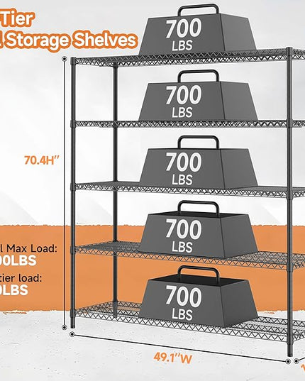 5 Tiers Storage Shelves Load 3300LBS, Metal Shelving Wire Metal Shelving Unit Shelves for Storage Adjustable Garage Shelving for Pantry Kitchen Garage Black 17.7" D x 59.1" W x 70.4" H