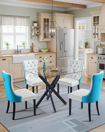 5 Piece Round Glass Dining Table Set for 4, Modern Dining Room Table and Chairs Set, Tempered Glass Top Kitchen Table with 4 Velvet Chairs, Space Saving Dining Set for Small Apartment or Home