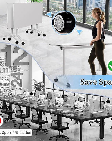 Conference Table, Folding Conference Room Tables, Modern Flip Top Seminar Training Meeting Table with Wheels, Modular Foldable Conference Tables for Home Office Classr (White 6 Pack, 63inch)