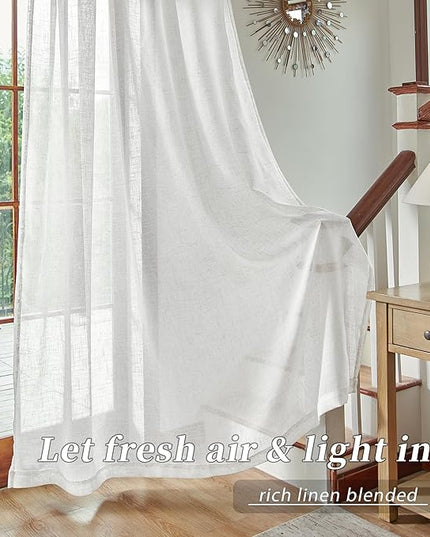 White Linen Semi Sheer Curtains 80 Inches Long for Living Room Sliding Glass Door,Light Filtering Textured Back Tab Rod Pocket Farmhouse Classic Vintage Decor Curtain for Bedroom 2 Panels 42x80