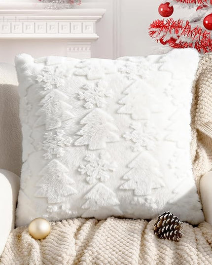Touchat Christmas Pillow Covers 20x20, Soft Faux Rabbit Fur Throw Pillow Covers with 3D Embroidery Christmas Tree and Snowflake Design for Winter Holiday Home Decor, Couch Sofa Bedroom, White