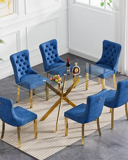 60" Glass Dining Table Set for 6, Modern Dining Room Table Set for 6, Gold X-Shape Pedestal Glass Table with 6pcs Blue Dining Chairs, 7 Piece Dining Set for Dining Living Room