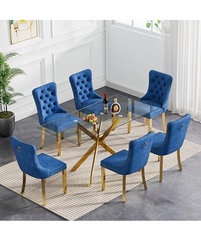 60.63in Rectangular Glass Dining Table Set for 6, Glass Gold Kitchen Table and Chair Set for 6, Modern 7 Piece Dining Room Set with 6 Fabric Upholstered Chairs, Metal Legs Home Kitchen Furniture