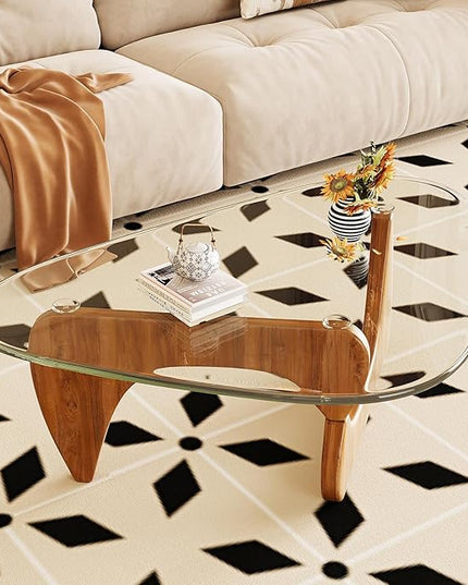 Coffee Table for Living Room Mid Century Modern Center Table with Glass Top and Wood, Transparent/Walnut
