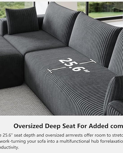 108”Modern Modular L-Shape Couch with Chaise, Modular Sectional Couches for Living Room, Deep Seat Boneless Sofa Bed, No Assembly Required Sleeper Sofa, Plush Corduroy Fabric, Dark Gray
