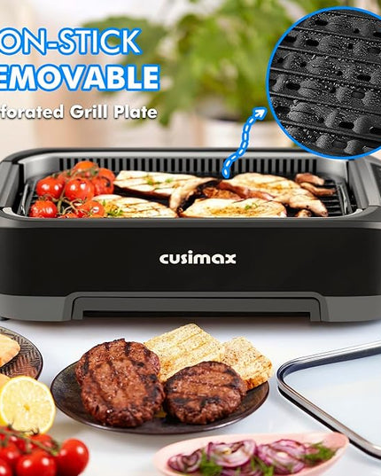 CUSIMAX Smokeless Indoor Grill, 1500W Electric Grill Korean BBQ Grill with LED Smart Display & Tempered Glass Lid, Non-stick Removable Grill Plate, Turbo Smoke Extractor, Black New Model