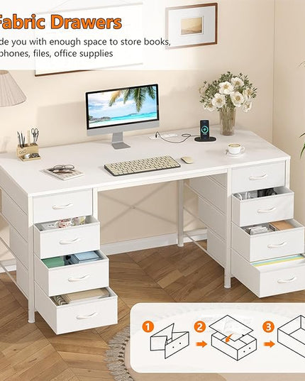 50 Inch White Computer Desk with 8 Drawers, Home Office Desk with Power Outlets, Work Study Gaming Desk with 8 Fabric Drawers, White