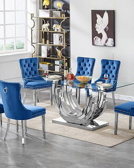 7 Piece Dining Table Set with 6 Blue Dining Chairs, Modern Glass Kitchen Table and Chairs Set for 6, 70" Rectangle Silver Glass Pedestal Dining Room Tables with Ring-Shape Stainless Steel Base