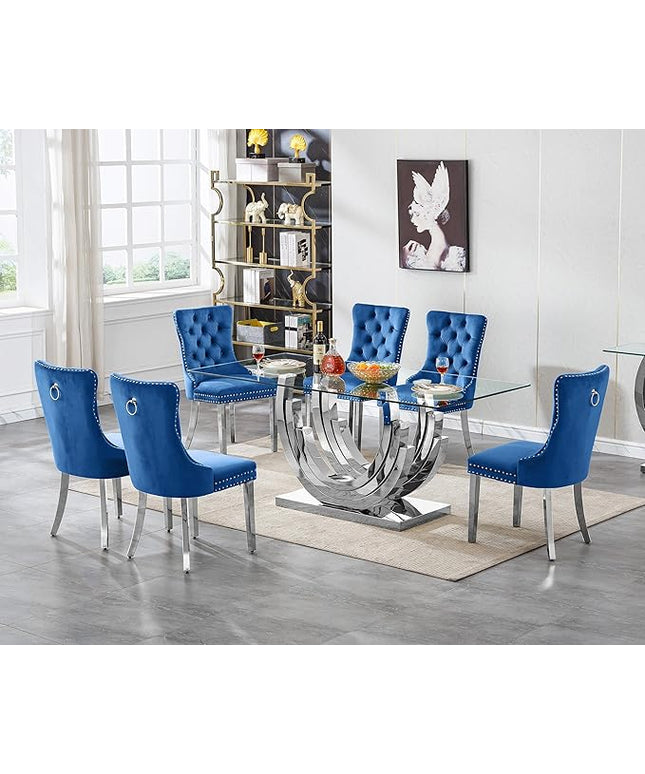 7-Piece Glass Dining Table Set with 6 Upholstered Dining Chairs, Large Dining Table and Chair Set for 6, Modern Glass Kitchen Table Furniture for Dining Room, U Shape and Stainless Steel Pesestal