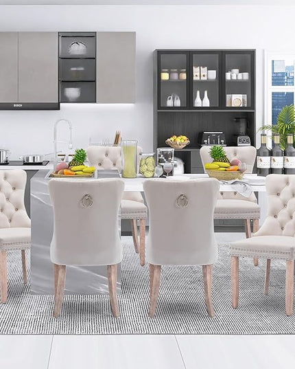 SoarFlash Velvet Dining Chairs Set of 6, Tall Back Side Chair, Modern Upholstered High-end Tufted Side Chair with Button Back Ring, Solid Wood Legs (Beige)