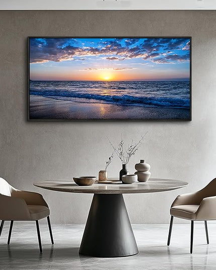 Blue Ocean Framed Wall Decor Living Room Large Size Canvas Wall Art For Bedroom Boho Home Decor Sea Beach Canvas Pictures Artwork Sunny Sea View Painting Office Wall Decorations Black Framed 30" X 60"