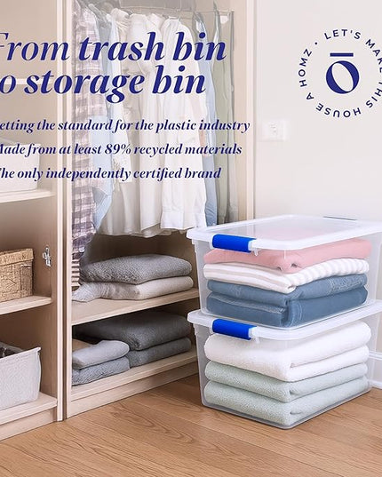 HOMZ 8-Pack Secure Latch, Clear Plastic Storage Organizer Bins, 31 Quart, Blue Latches - Stackable Container Boxes for Bedroom, Bathroom, Garage, and Office Organization