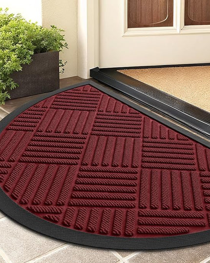 Smiry Half Circle Front Door Mat Outside Entrance,Heavy Duty Outdoor Indoor Natural Rubber Doormat,Non Slip,Trap Dirt and Moisture,Easy Clean,Low Profile Patio Porch Entryway Mat,29.5x17, Wine Red