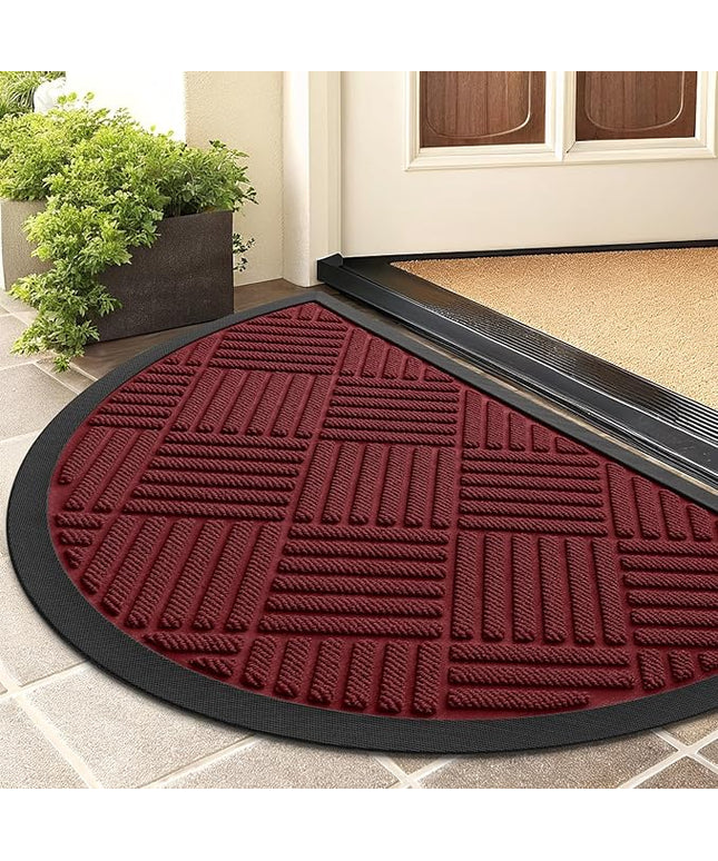 Smiry Half Circle Front Door Mat Outside Entrance,Heavy Duty Outdoor Indoor Natural Rubber Doormat,Non Slip,Trap Dirt and Moisture,Easy Clean,Low Profile Patio Porch Entryway Mat,29.5x17, Wine Red