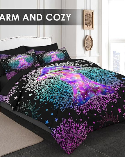 Comforter Set King Size, Mushroom Lotus 7 Pcs Bedding for Kids and Adults, Hippie Colorful Mandala Bed Sheet Sets with Fitted Sheet 2 Pillowcases & 2 Shams for Bedroom Bed Decor