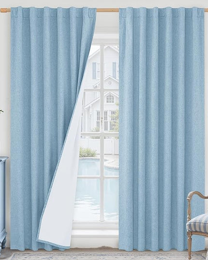 LAMIT Stone Blue 100% Blackout Linen Curtains, 84 Inch Linen Textured Living Room Farmhouse Curtains Room Darkening Back Tab and Rod Pocket Neutral Panels with White Liner, 2 Panels, 52 x 84 Inch