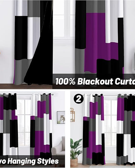 Purple 100% Blackout Curtains for Bedroom 108 inch Extra Long 2 Panels Set Black White Grey Modern Abstract Geometric Black Out Curtains Room Darkening Window Drapes for Living Room, 52Wx108L
