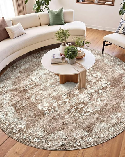 jinchan Round Rug 7ft Area Rug - Brown Vintage Floor Mat Kitchen Indoor - Washable Circle 7' Thin Floral Print Carpet Retro Farmhouse Non Slip Dining Room Living Room Bedroom Office