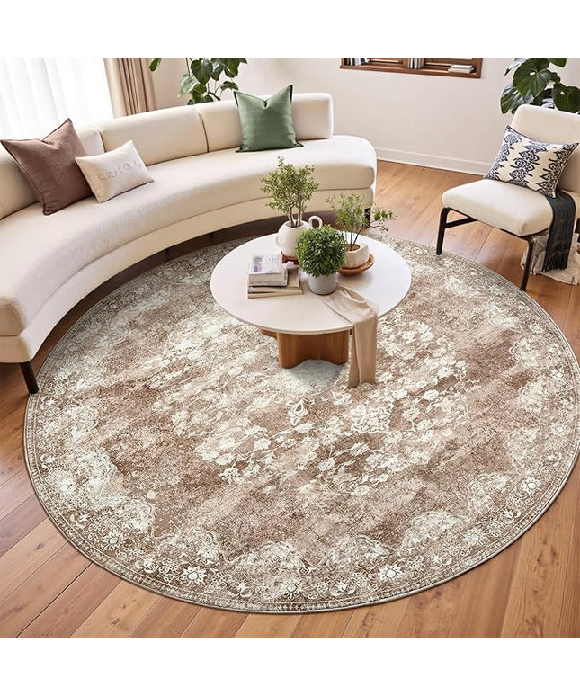 jinchan Round Rug 7ft Area Rug - Brown Vintage Floor Mat Kitchen Indoor - Washable Circle 7' Thin Floral Print Carpet Retro Farmhouse Non Slip Dining Room Living Room Bedroom Office