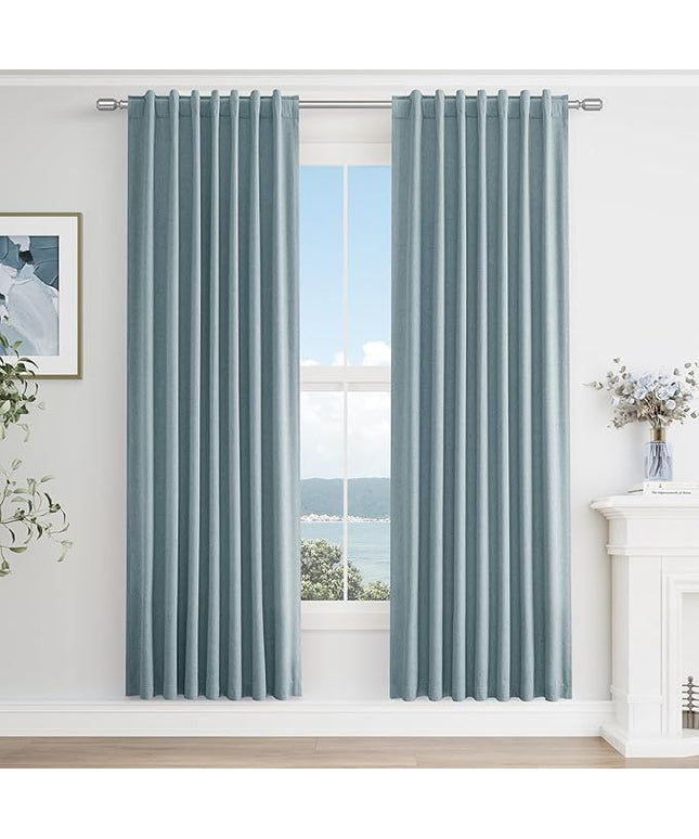 Guken Blue Linen Blackout Curtains 78 Inch Length 2 Panels Set for Living Room Bedroom Back Tab Thermal Insulated 100% Black Out Linen Drapes Room Darkening Window Curtains 78 Inches Long Dusty Blue