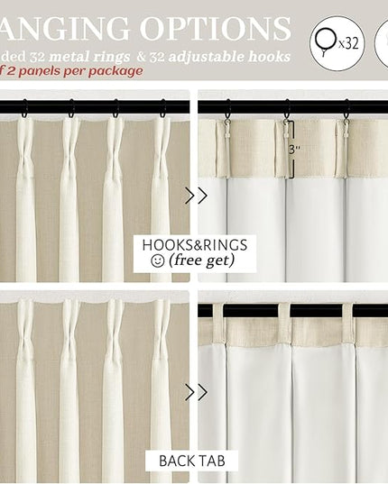 Extra Wide 70 Inch Blackout Pleated Curtains 120 Inches Long for Nursery, Cream Memory Shape Thermal Insulated 2 Layer Thick Natural Linen Noise Reducing Farmhouse Windows Drapes 2 Panels 10 FT Length