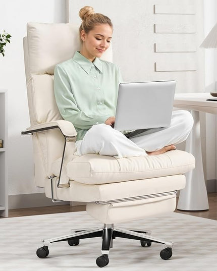 Reclining Office Chair with Footrest - 25.6" Wide Seat & Adjustable Seat Depth, Big and Tall High Back Leather Executive Home Office Desk Chair 400lbs, Cream