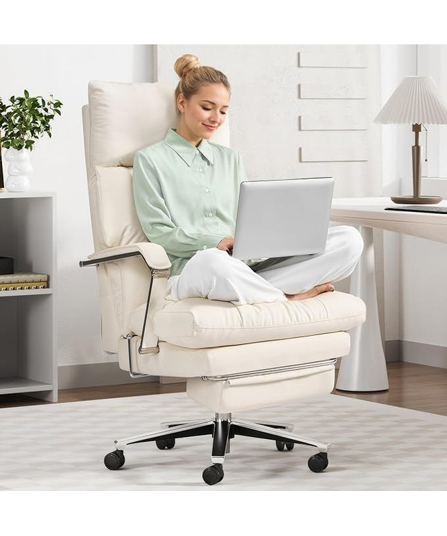 Reclining Office Chair with Footrest - 25.6" Wide Seat & Adjustable Seat Depth, Big and Tall High Back Leather Executive Home Office Desk Chair 400lbs, Cream