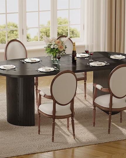 ONBRILL 70.8 Inch Dining Table for 4-6, Oval Dining Room Table with Curved Fluted Wood Strip Base, Mid-Century Modern Kitchen Tables with Footpads, Dinner Tables for Living Room, Dining Room, Black