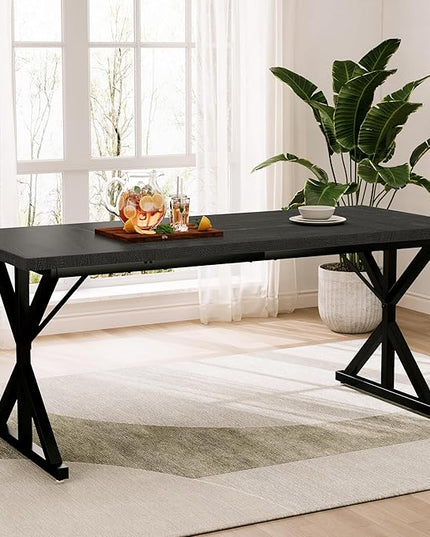 70.8 Inch Rectangular Dining Table for 6-8 People, Farmhouse Kitchen Table with Metal Base & Solid Wood Top, Easy Assembly, Water-Resistant, for Dining Room & Kitchen, All-Black