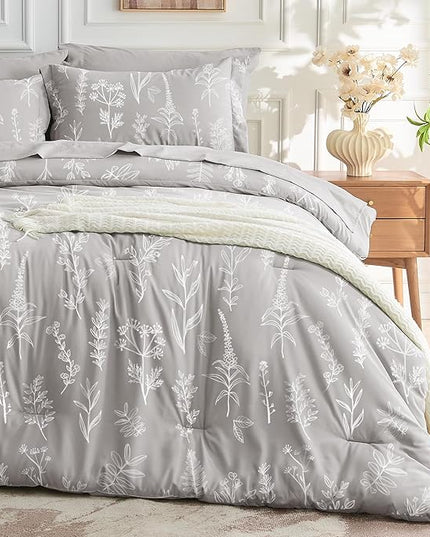 MUXHOMO Silver Grey Full Comforter Set, Elegant Floral Print Bed in a Bag 7 Pieces, Ultra Soft & Breathable Reversible Botanical Pattern Bedding Set with Comforter, Sheets, Pillowcases, and Shams