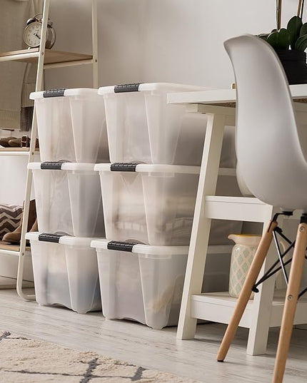 IRIS USA 32 Qt Stackable Plastic Storage Bins with Lids, 6 Pack - BPA-Free, Made in USA - Discreet Organizing Solution, Latches, Durable Nestable Containers, Secure Pull Handle - Pearl