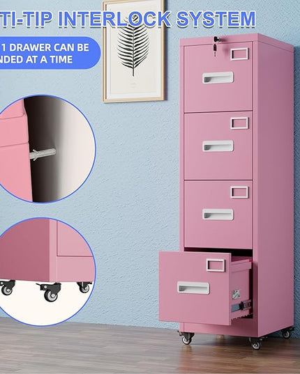 METAN 4 Drawer File Cabinet on Wheels, Lockable Metal Filing Cabinet with Handle and Name Card for Office Home,Assembly Required,Pink