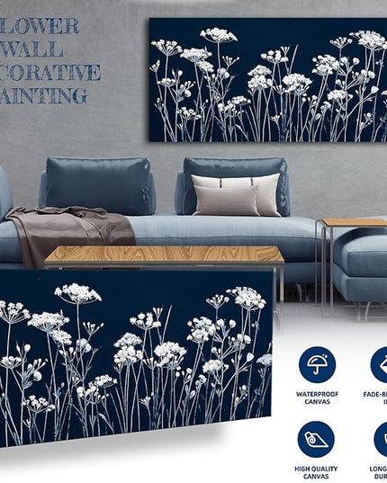 HUADAOART Canvas Wall Art Navy Blue and White Dandelion Wildflower 24" x 48" Artwork Modern Home Decor for Living Room Bedroom Office Decor Ready To Hang