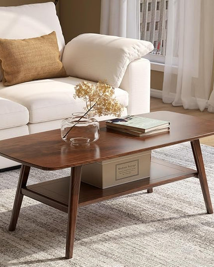 100% Solid Oak Wood Coffee Table with Storage Shelf, 2-Tier Rectangle Coffee Table for Living Room, Modern Center Table for Living Room (Walnut Colour, 47.24" W x22.05 D x 17.32" H)
