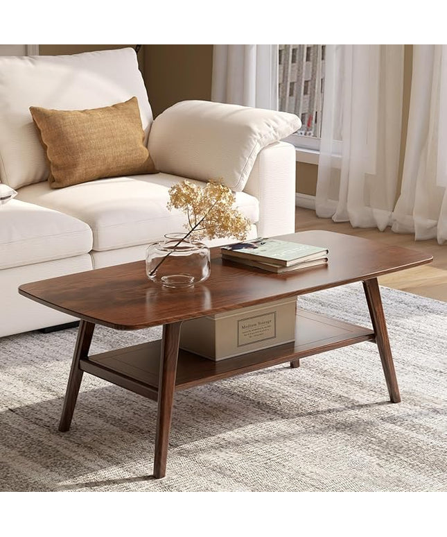 100% Solid Oak Wood Coffee Table with Storage Shelf, 2-Tier Rectangle Coffee Table for Living Room, Modern Center Table for Living Room (Walnut Colour, 47.24" W x22.05 D x 17.32" H)