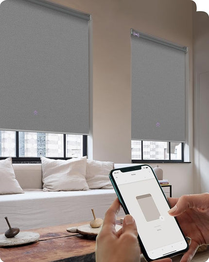 Graywind Smart Roller Shades 100% Blackout Window Blinds with APP Control Customized Automatic Shades for Home and Office(34" Wx72 H,Grey)